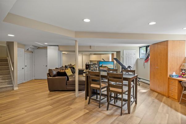 Dining room, Interior, Living room, Recessed Lighting, Wood Texture Flooring
