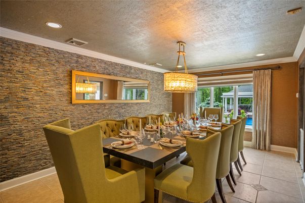 Chandelier, Dining room, Interior, Recessed Lighting, Stone Walls