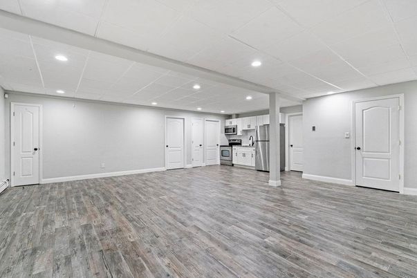 Empty room, Interior, Kitchen, Recessed Lighting, Wood Texture Flooring