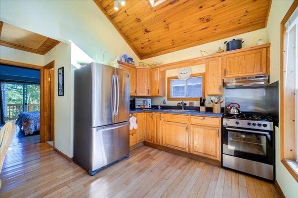 Interior, Kitchen, Stainless Steel Appliances, Wooden Ceilings, Wood Texture Flooring