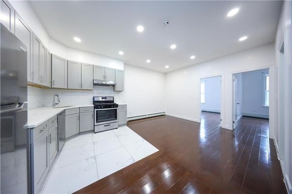 Interior, Kitchen, Marble, Recessed Lighting, Stainless Steel Appliances, Wood Texture Flooring