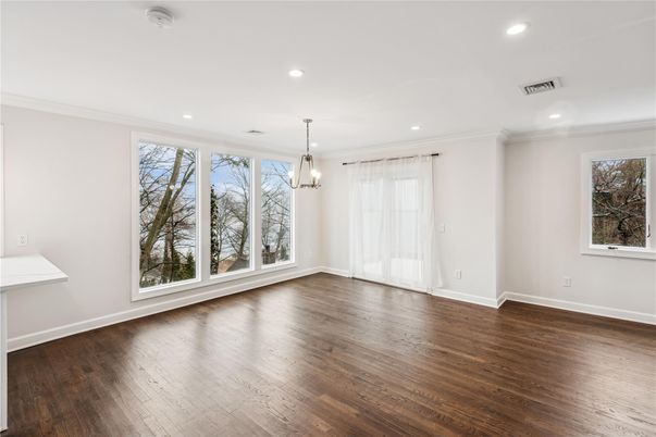 Empty room, Interior, Pendant Lights, Recessed Lighting, Wood Texture Flooring