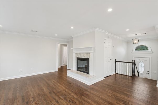 Empty room, Fireplace, Interior, Pendant Lights, Recessed Lighting, Wood Texture Flooring