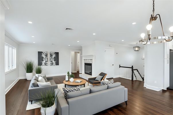 Fireplace, Interior, Living room, Pendant Lights, Recessed Lighting, Wood Texture Flooring
