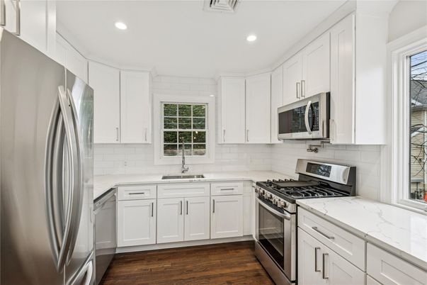 Interior, Kitchen, Recessed Lighting, Stainless Steel Appliances, Wood Texture Flooring