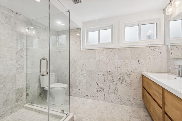 Bathroom, Glass Shower, Interior, Marble, Marble Walls, Recessed Lighting