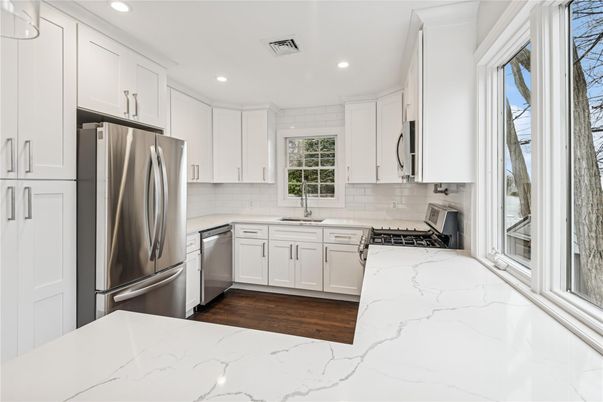 Interior, Kitchen, Recessed Lighting, Stainless Steel Appliances, Wood Texture Flooring