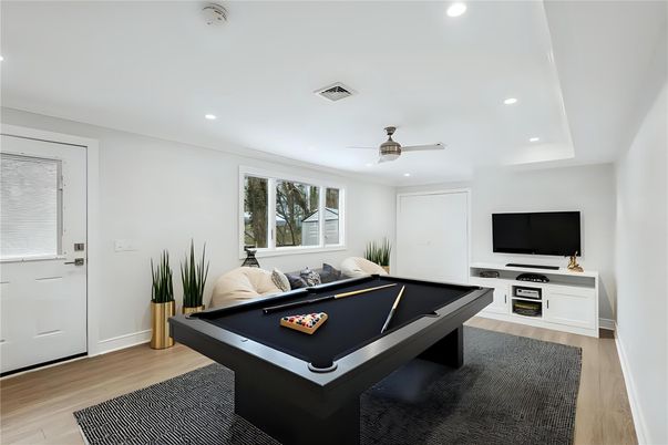 Billiard Table, Game Room, Interior, Recessed Lighting, Wood Texture Flooring