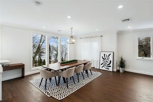 Dining room, Interior, Pendant Lights, Recessed Lighting, Wood Texture Flooring