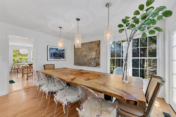 Dining room, Interior, Pendant Lights, Wood Texture Flooring