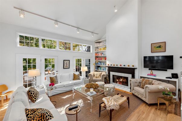 Fireplace, Interior, Living room, Recessed Lighting, Wood Texture Flooring