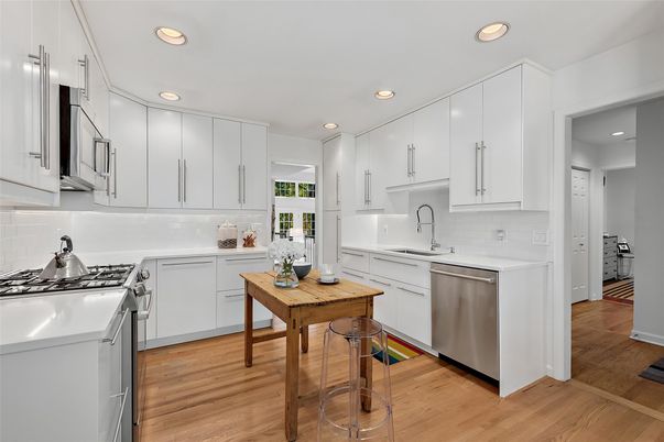 Dining room, Interior, Kitchen, Recessed Lighting, Stainless Steel Appliances, Wood Texture Flooring