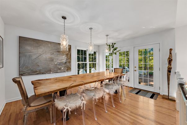 Dining room, Interior, Pendant Lights, Wood Texture Flooring