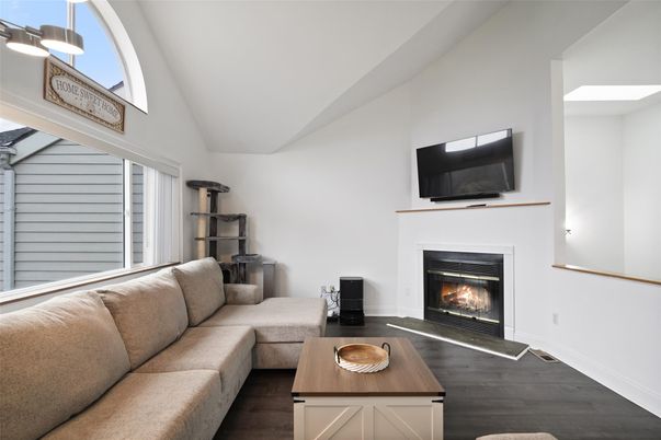 Fireplace, Interior, Living room, Pendant Lights, Wood Texture Flooring