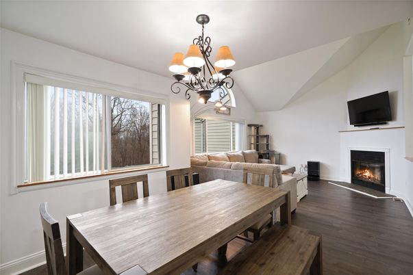 Chandelier, Dining room, Fireplace, Interior, Living room, Wood Texture Flooring