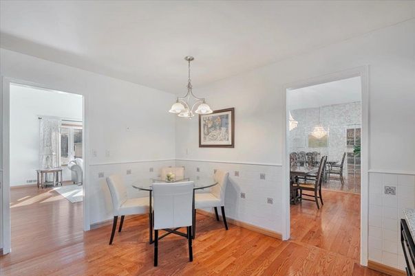 Dining room, Interior, Pendant Lights, Wood Texture Flooring