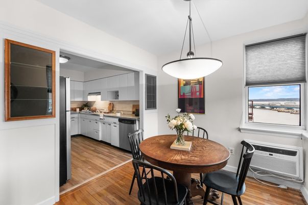 Dining room, Interior, Kitchen, Pendant Lights, Wood Texture Flooring