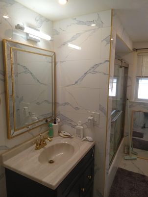 Bathroom, Glass Shower, Interior, Marble Walls, Recessed Lighting