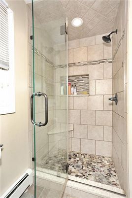 Bathroom, Glass Shower, Interior, Recessed Lighting, Stone Walls