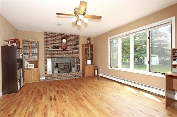 Empty room, Fireplace, Interior, Stone Walls, Wood Texture Flooring