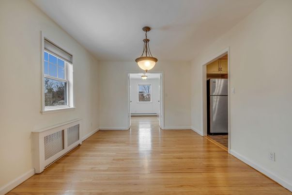 Empty room, Interior, Kitchen, Pendant Lights, Stainless Steel Appliances, Wood Texture Flooring