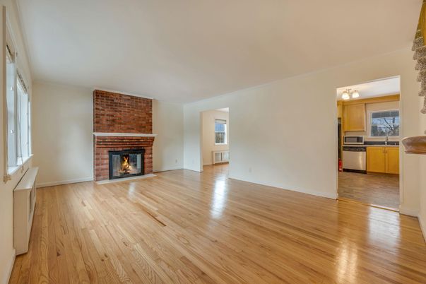 Empty room, Fireplace, Interior, Kitchen, Stone Walls, Wood Texture Flooring