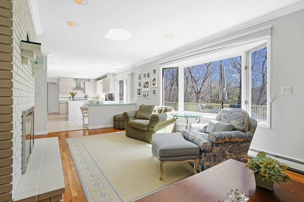 Fireplace, Interior, Kitchen, Living room, Recessed Lighting, Wood Texture Flooring