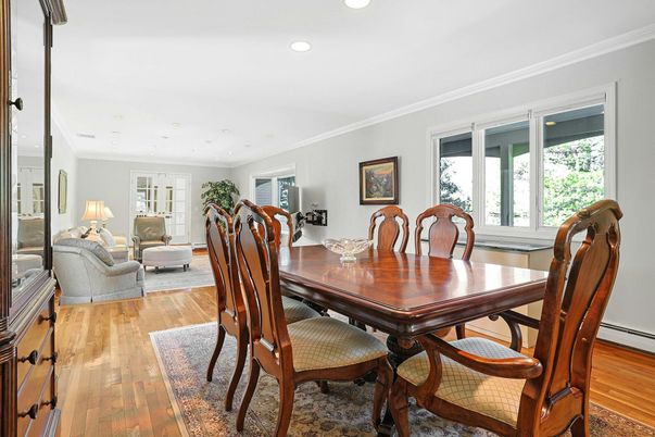 Dining room, Interior, Living room, Recessed Lighting, Wood Texture Flooring