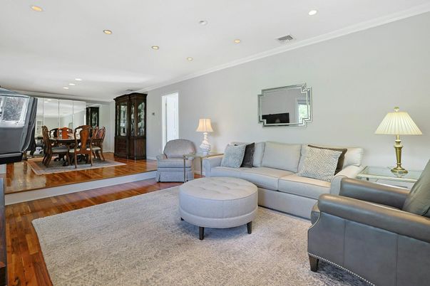 Dining room, Interior, Living room, Recessed Lighting, Wood Texture Flooring