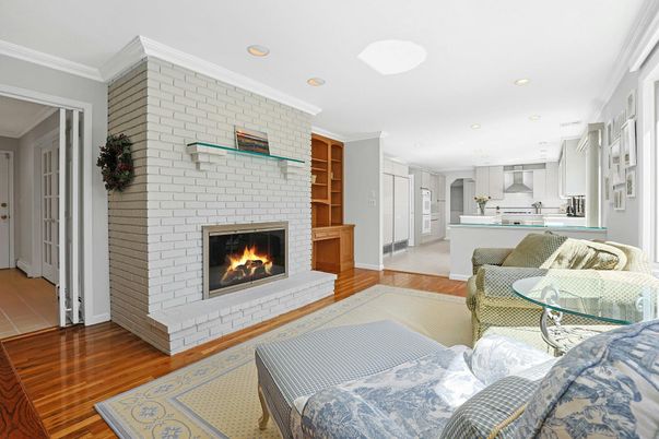 Fireplace, Interior, Kitchen, Living room, Pendant Lights, Recessed Lighting, Stone Walls, Wood Texture Flooring