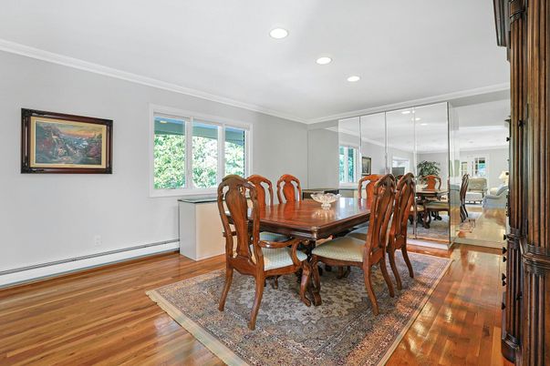Dining room, Interior, Recessed Lighting, Wood Texture Flooring