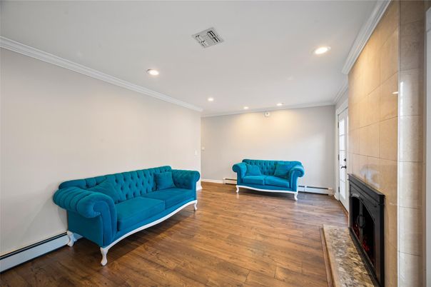 Fireplace, Interior, Recessed Lighting, Wood Texture Flooring