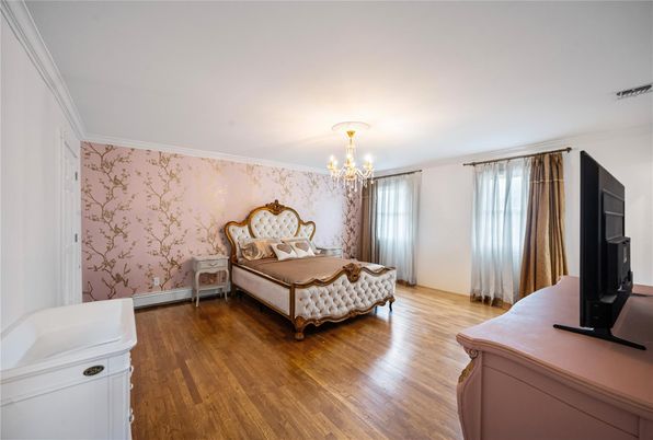 Bedroom, Chandelier, Interior, Wood Texture Flooring