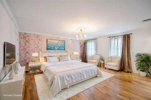 Bedroom, Chandelier, Interior, Wood Texture Flooring