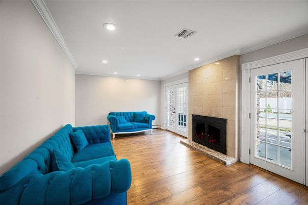 Fireplace, Interior, Living room, Recessed Lighting, Wood Texture Flooring