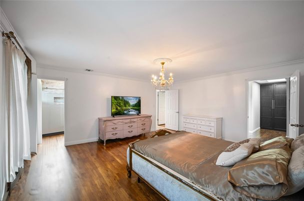 Bedroom, Chandelier, Interior, Wood Texture Flooring