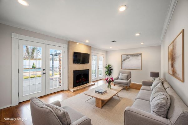 Fireplace, Interior, Living room, Recessed Lighting, Wood Texture Flooring