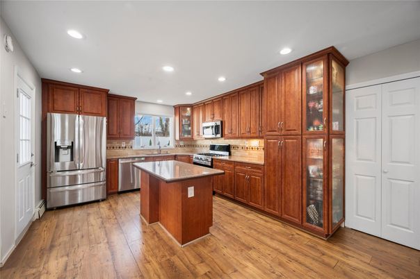 Interior, Kitchen, Recessed Lighting, Stainless Steel Appliances, Wood Texture Flooring