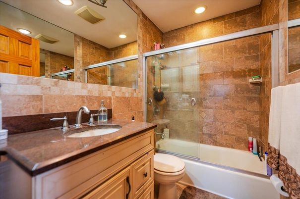 Bathroom, Glass Shower, Interior, Recessed Lighting, Stone Walls