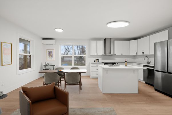 Dining room, Interior, Kitchen, Recessed Lighting, Stainless Steel Appliances, Wood Texture Flooring