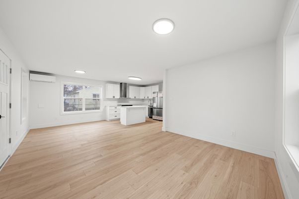 Empty room, Interior, Kitchen, Recessed Lighting, Wood Texture Flooring