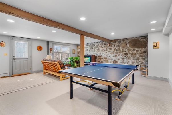 Game Room, Interior, Recessed Lighting, Stone Walls, Wooden Beams