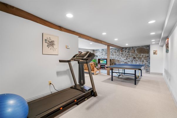 Fitness Equipment, Game Room, Interior, Recessed Lighting, Stone Walls