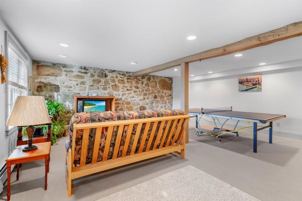 Game Room, Interior, Recessed Lighting, Stone Walls, Wooden Beams