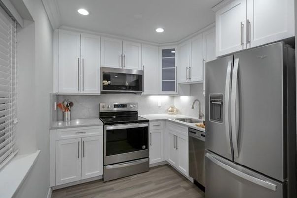 Interior, Kitchen, Recessed Lighting, Stainless Steel Appliances, Wood Texture Flooring