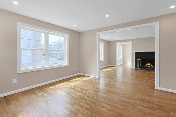 Empty room, Fireplace, Interior, Recessed Lighting, Wood Texture Flooring