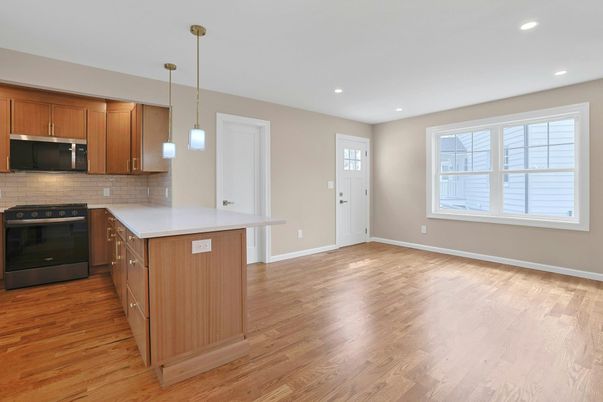 Interior, Kitchen, Pendant Lights, Recessed Lighting, Wood Texture Flooring