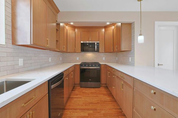 Interior, Kitchen, Pendant Lights, Recessed Lighting, Stainless Steel Appliances, Wood Texture Flooring
