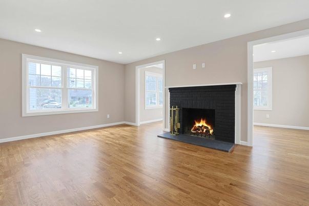 Empty room, Fireplace, Interior, Recessed Lighting, Wood Texture Flooring