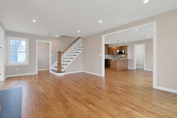 Empty room, Interior, Kitchen, Pendant Lights, Recessed Lighting, Wood Texture Flooring
